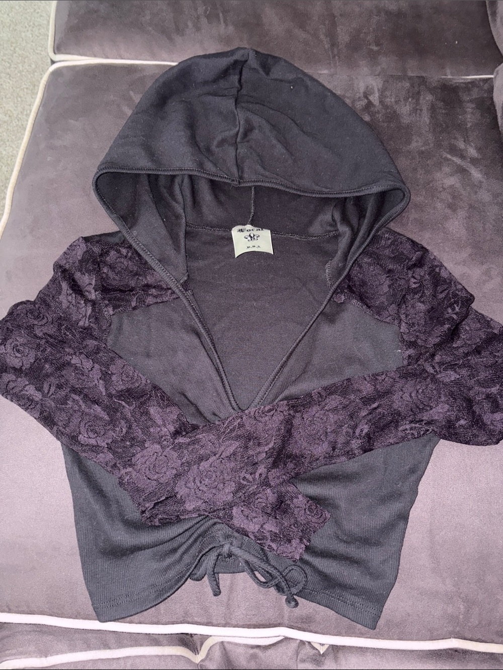 NWOT-Vocal Black Hooded Top with Floral Lace Long Sleeves